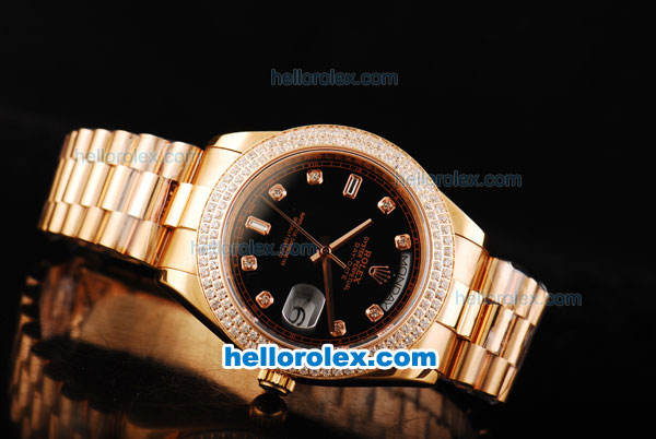 Rolex Day Date II Automatic Movement Full Rose Gold with Double Row Diamond Bezel-Diamond Markers and Black Dial - Click Image to Close